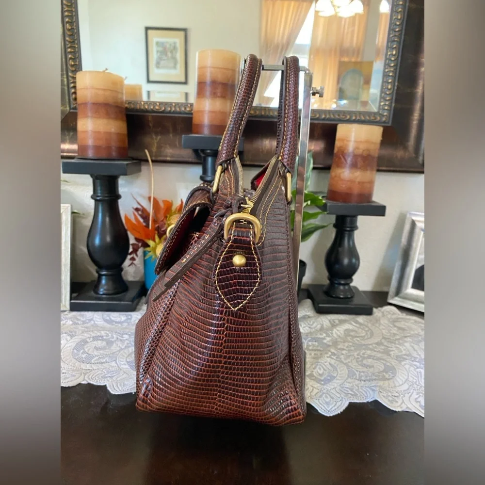 Dooney & Bourke Dark Brown Lizard-Embossed Satchel with Gold Hardware